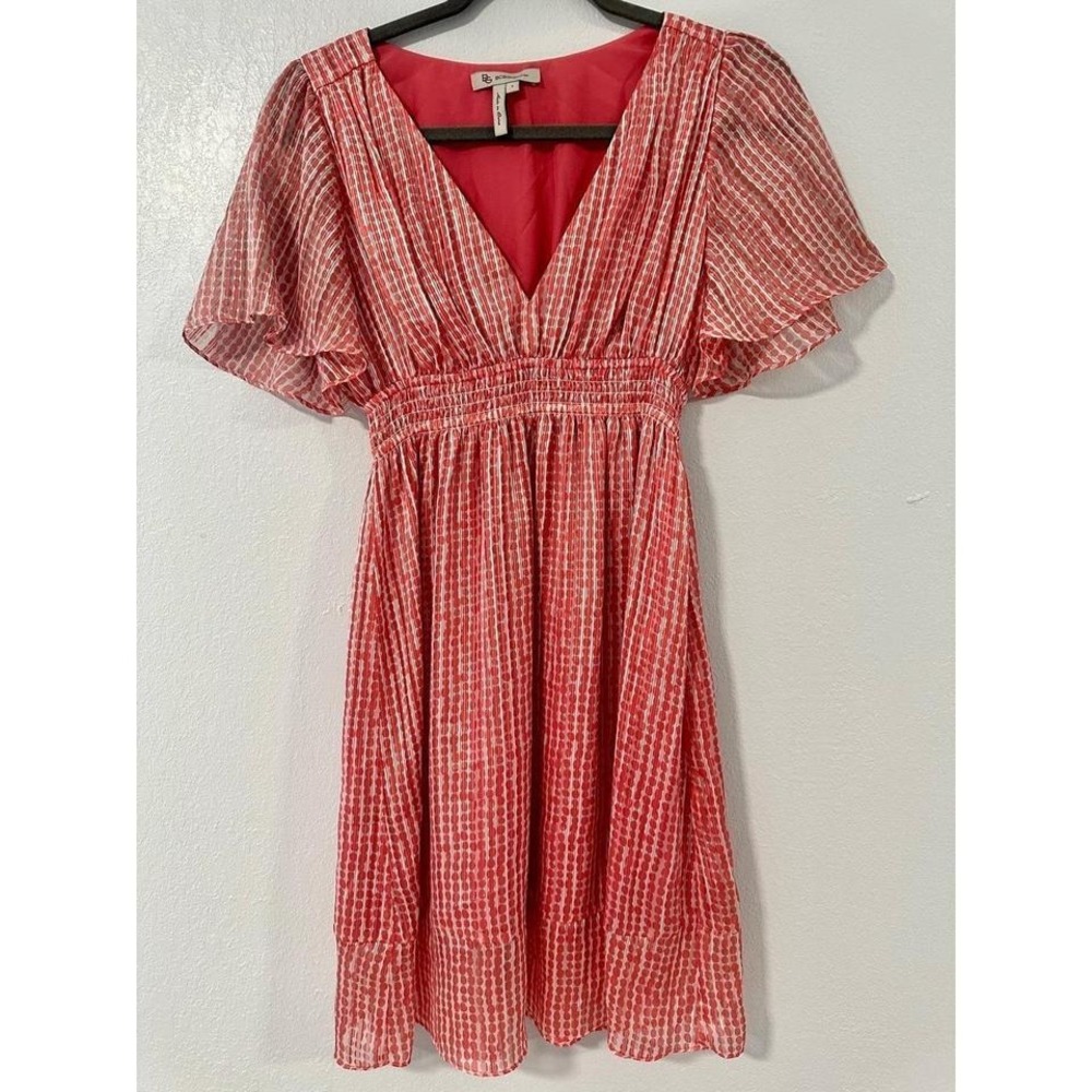 BCBGeneration Red White Dot Flutter Sleeve Smocked Waist Dress Women's Sz Small